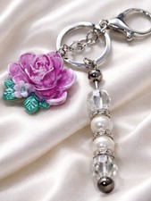 Handcrafted Floral Pink Resin Flower Keychain with Pearl Crystal Beads