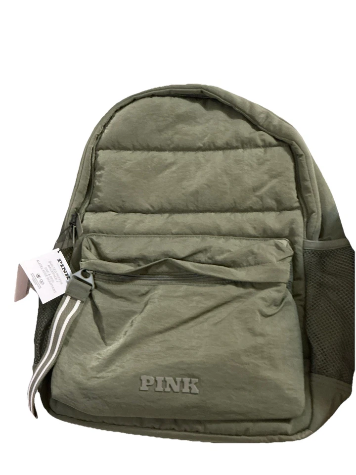 Victoria's Secret PINK Backpack Quilted Puffer Solid Olive Green NWT Laptop - Image 1 of 1