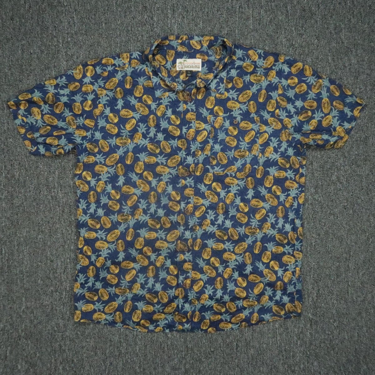 Pataloha Shirt Men Large Blue Yellow Pineapple Hawaiian Organic
