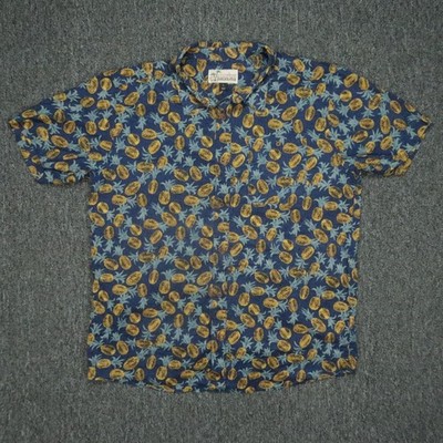 Pataloha Shirt Men Large Blue Yellow Pineapple Hawaiian Organic