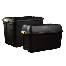 2 Black Storage Trunks with Wheels & Lids 190L/175L Heavy Duty Set of 2