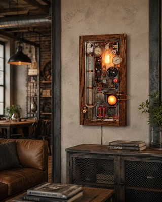 Steampunk Wall Art, Wall Lamp, Industrial, Rustic, Upcycle, Reuse, Recycle Art