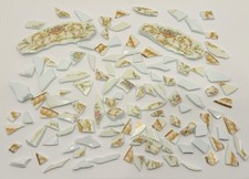 Broken China Mosaic Tiles Pink/Blue Floral Gold Trim 100 pcs