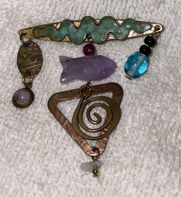 COOL HYPNOTIC VINTAGE 60's ENAMEL & GEMSTONE ARTISAN PIN BROOCH ~ 2.25''