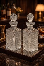 Vintage Glass Whiskey Decanter Set Pair Diamo...