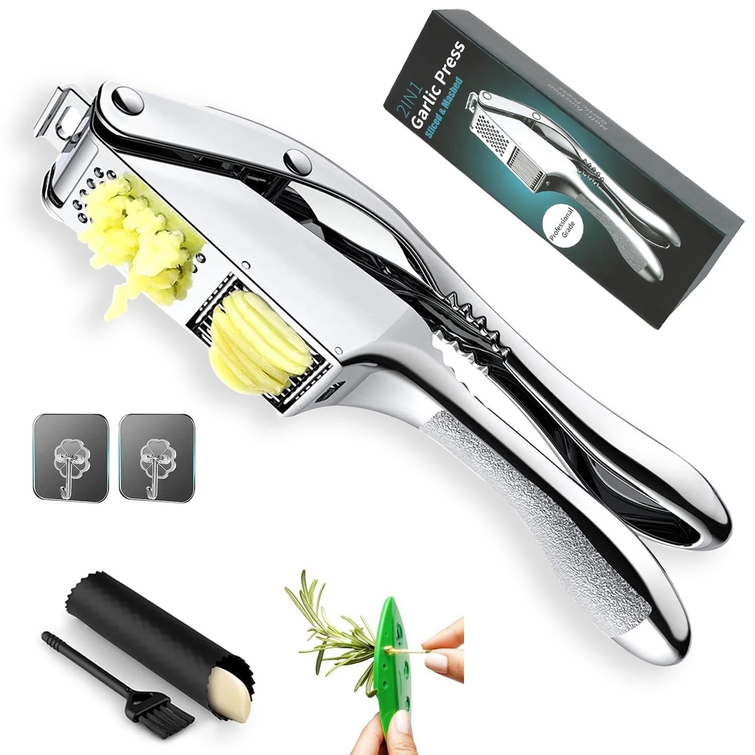 Garlic Press and Slicer 3 In 1, Food Grade Stainless Steel Garlic Mincer Chop...