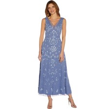Adrianna Papell French Blue Beaded V-Neck Mesh Ankle-Length Formal Gown 12