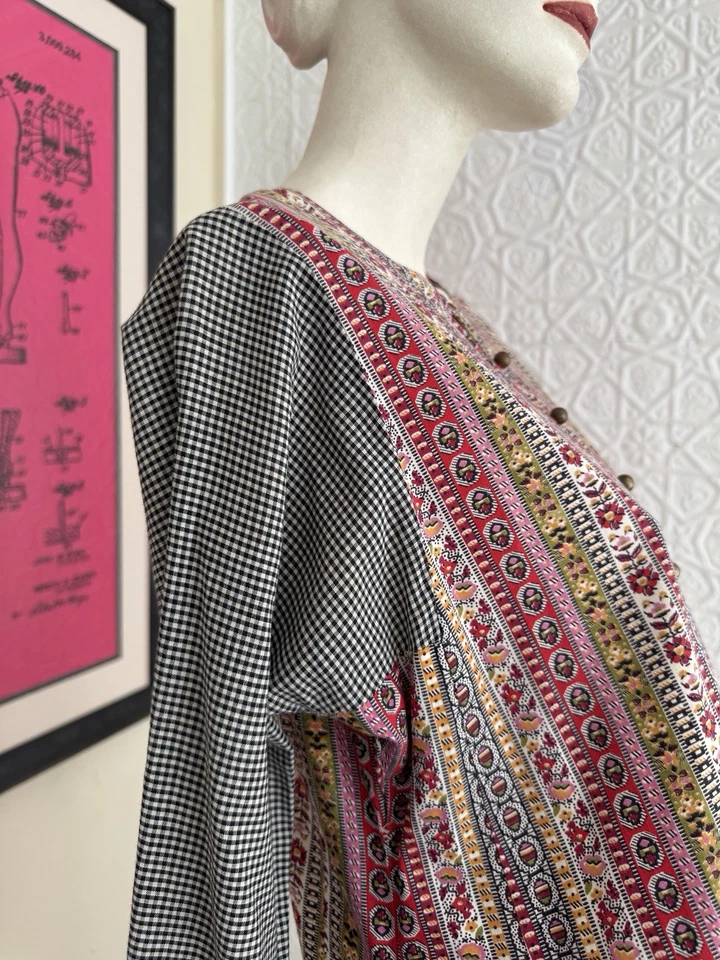 vintage caftan-Floral-Gingham-1960s Designer-Ruth Bekker-boho-Hippie-Rare-Print - Image 3 of 4
