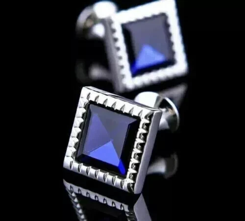 Мужские запонки из синего сапфира огранки принцессы созданные в лаборатории покрытие белым золотом 14 карат 2 карата - Изображение 3 из 4