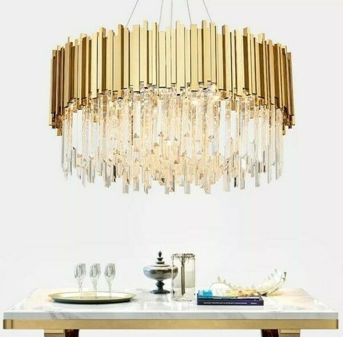 LUSSO ITALIANO MODERNO CRISTALLO ORO LUCE ROTONDA LAMPADARIO PENDENTE LED NUOVO - Foto 2 di 3