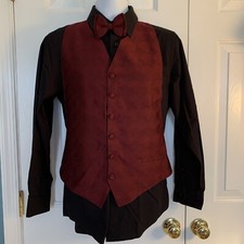 Men's Geometric Design Vest W Bow Tie Burgundy W Black Pinstripes Perry Ellis