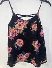 Mudd Tank Top Girls Size 12 Black Floral High Neck Spaghetti Strap Tassel Trim