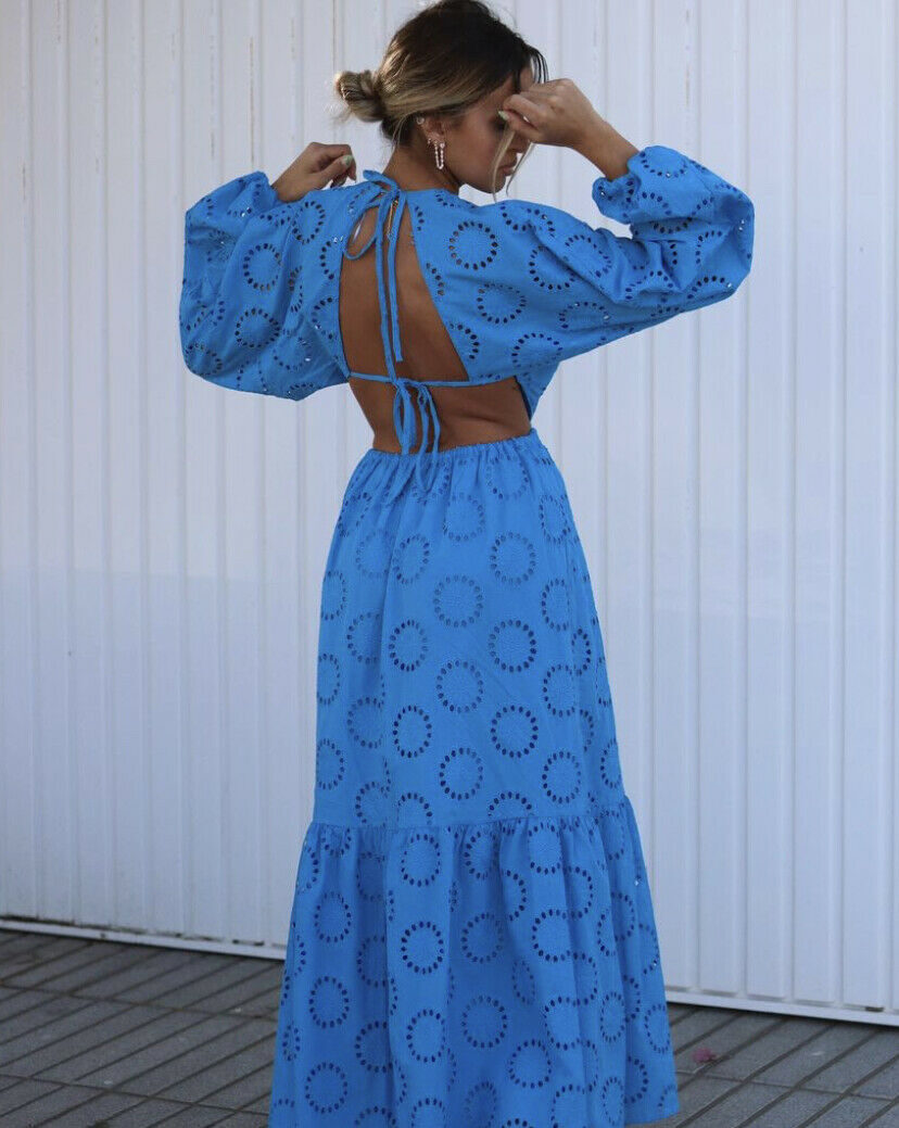 NEW ZARA 2022 BLUE LONG DRESS WITH CUTWORK EMBROIDERY SIZE XS RARE | eBay