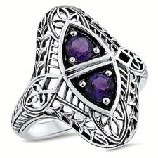 GENUINE AMETHYST 925 STERLING SILVER ANTIQUE STYLE VINTAGE DESIGN RING    874