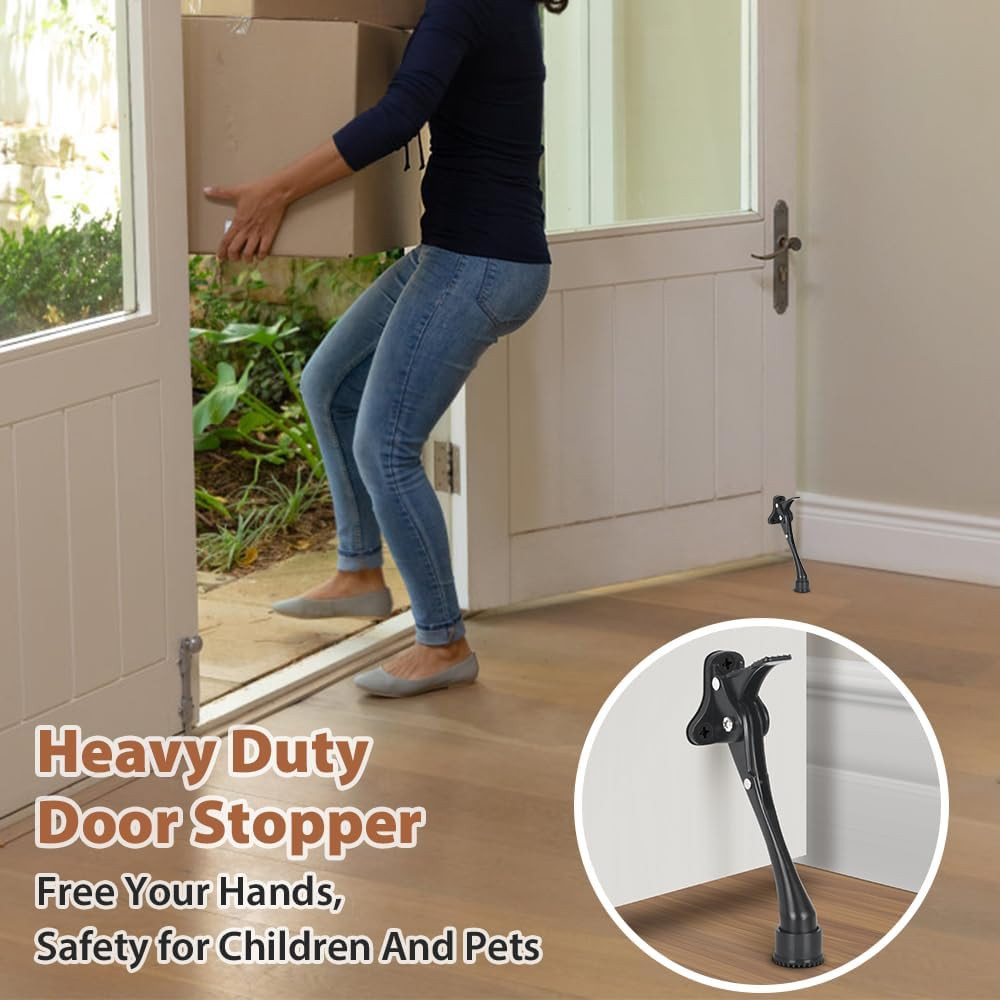Door Stop Black Kickdown Door Stoppers for Bottom of Door, 6 Inch, Rubber Tip, H