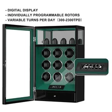 Fingerprint Unlock 9 Watch Winder with 4 Watch Storage LED Remote Control Green