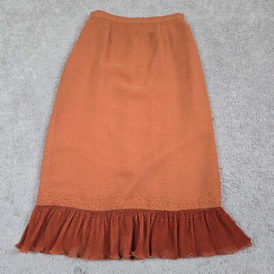 Vintage Midi Pencil Skirt Ruffle Hem Beaded Orange Size 10 Stretch