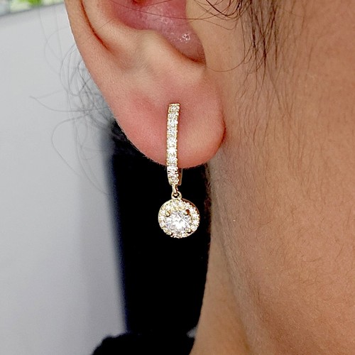 D/VVS 1.00 Ct, Lab Grown Round Diamond Halo Dangle Drop Hoop Earring In Gold - Picture 2 of 15