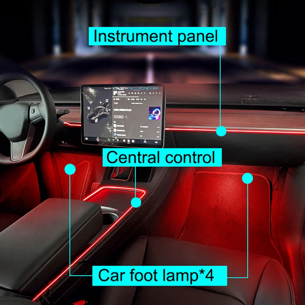 For Tesla Model 3 Y Car Neon Lights Ambient Light Auto Led Strip Lights App  Control Center Console Dashboard Light Accessories