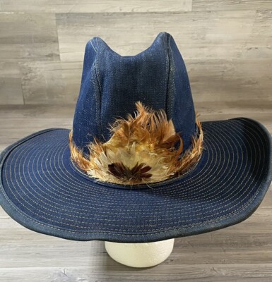 Vintage Artel Cowboy Hat Denim Feathered Rim Collar  A Hat With A Pedigree  SZ L