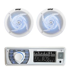 Pyle In-Dash Marine USB Bluetooth Stereo Receiver, 2x 4" 100W Blue LED Speakers