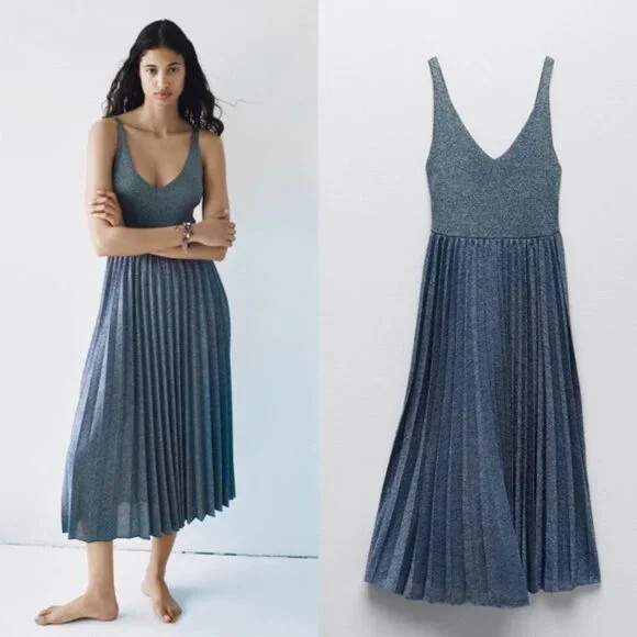 Zara Limited Edition Knitwear Metallic Pleated Dress, size