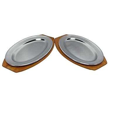 Vintage Oval Metal Tray Wood Base Serving Steak Plate Set of Vintage Oval Metal Tray Wood Base Serving Steak Plate Set of