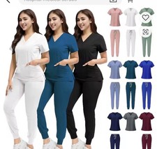 Women Medical Scrubs Set Solid Multicolor V-Neck Top Jogger Pants S Poly