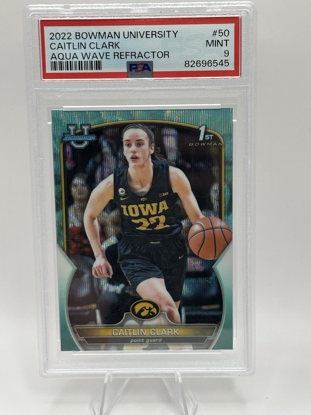 2022 Bowman University Chrome Caitlin Clark Aqua Wave Refractor /299 (RC) (1st)
