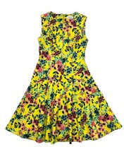 Calvin Klein Floral Print Sleeveless A-Line Pleated Dress Yellow Green Pink Sz 2