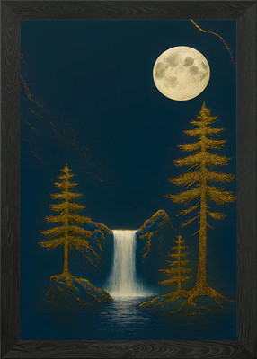 Gerahmtes Wandbild Goldener Wasserfall im Mondlicht Poster Leinwanddruck Bild