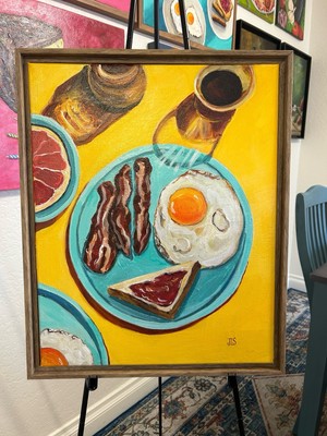 Original Diner Breakfast Painting 16x20 Framed Acrylic Eggs Bacon Coffee