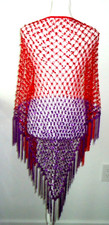 Vtg 70s Wonderful Women's Crochet Triangle Glitter Red Purple Scarf Fringes 70x7