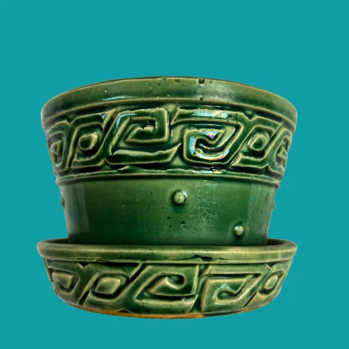 Vintage 1940s McCoy Pottery Green Greek Key Planter w/ Attached Saucer - 5"