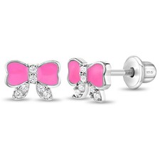 Pretty in Pink Bow Baby / Toddler / Kids Earrings Screw Back - Sterling Silver