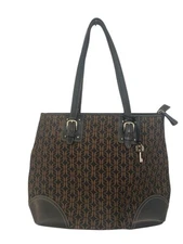Fossil Signature Canvas and Leather Monogram Print Tote Barrell Bag Purse Y2k