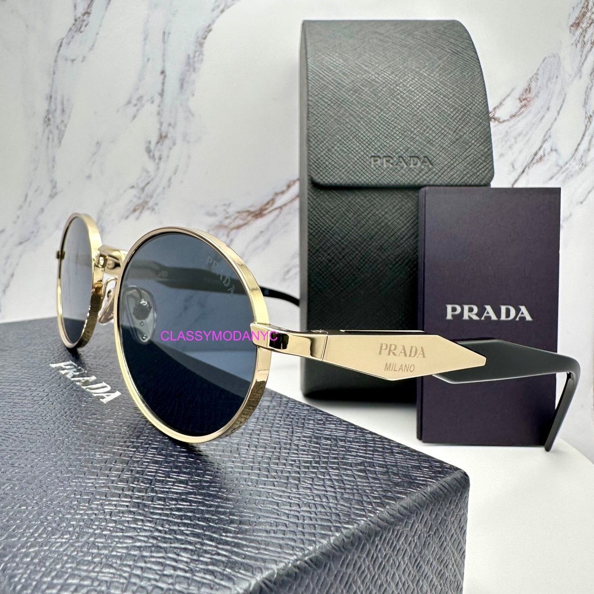 PRADA Sunglasses PR 65ZS ZVN09T Gold Metal New Oval Symbole Logo