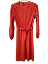 Vintage 70s Kevin Stuart Dress Size 6 Pleated Midi Tie Waist Long Sleeve Orange