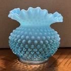 Fenton Blue Hobnail Hand Blown Art Glass Vase with Ruffled Edge 5” Vintage