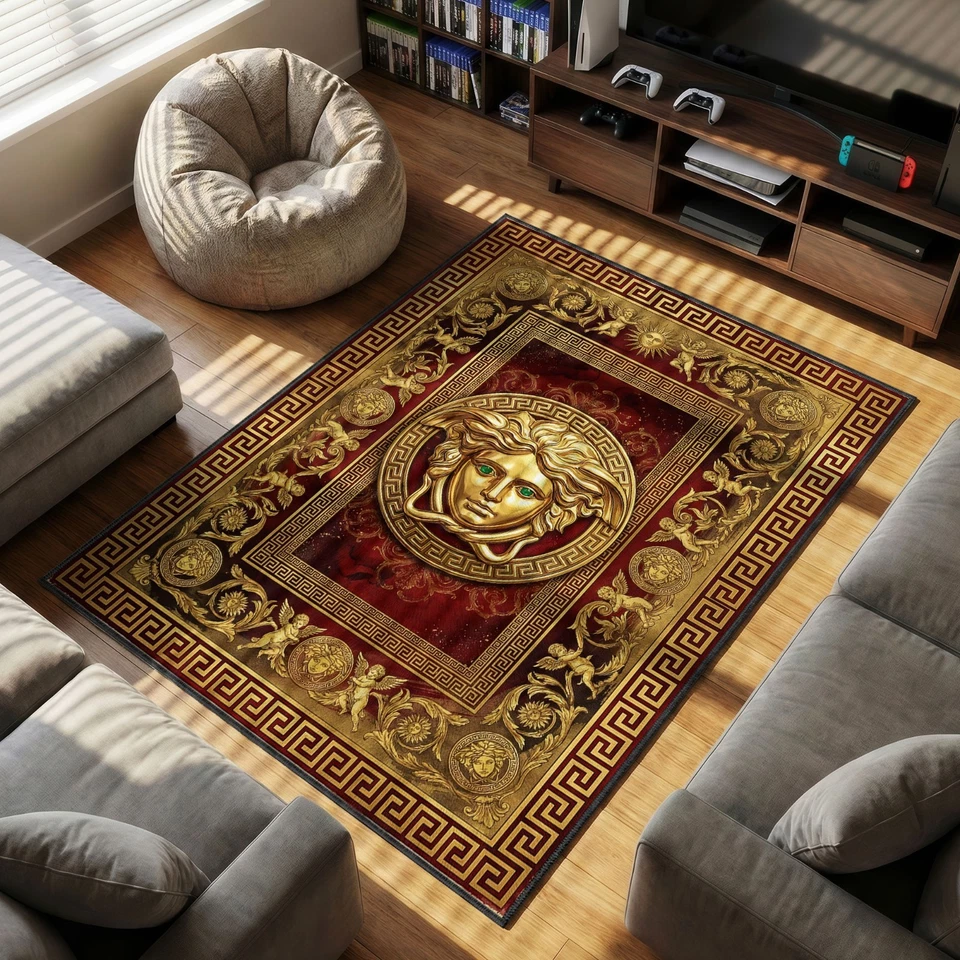 Alfombra Medusa estilo Versace roja y dorada, alfombra llave griega, alfombrilla barroca Foto 2 de 4
