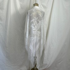 Vintage Japanese Triangle Lace Bird White Shawl Wrap Boho Fringe Fairy Bridal