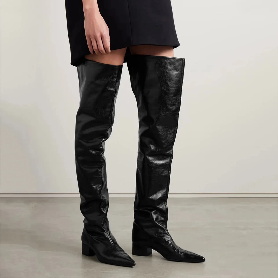 Women Over the Knee Boots Pointed toe Chunky Middle Heel Pumps Thigh-High Boots - Image 4 of 4