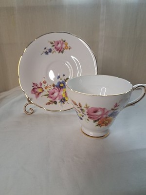 Sutherland Bone China England Tea Cup Saucer Flowers Floral Gold Rim Vintage