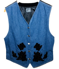 Vintage Western Vest Denim Lizwear Size Medium Embellished Flowers Bling
