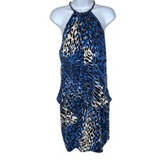 Laundry by Shelli Segal Blue Leopard Metal Halter Mini Dress 12 Drop Waist NWT