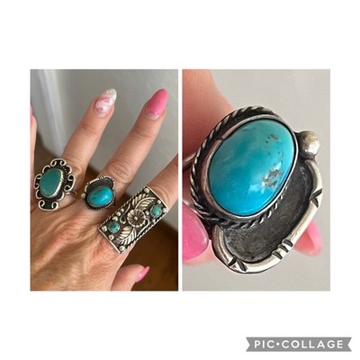 OLD PAWN Native American Navajo Sterling Silver Bright Blue Turquoise Ring Sz 5
