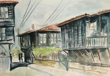 Vintage expressionist watercolor painting landscape