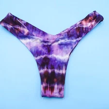 Ayra Swim Small Purple Tie Dye Printed Deep Cut V Thong Bikini Bottom Swim Beach