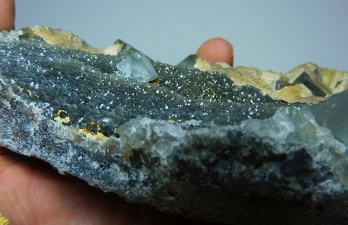 484 g Hexagonal Blue Green Fluorite with Crystals & Calcite from Mongolia - Picture 8 of 8