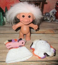RUSS TROLL in OOAK Outfit 4" Light Pink Hair crochet dress and hat brown eyes